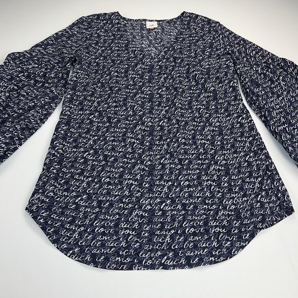 CAbi Te Amo Navy Blue Love Letter Languages Script Balloon Sleeve Blouse Size S - Picture 10 of 14